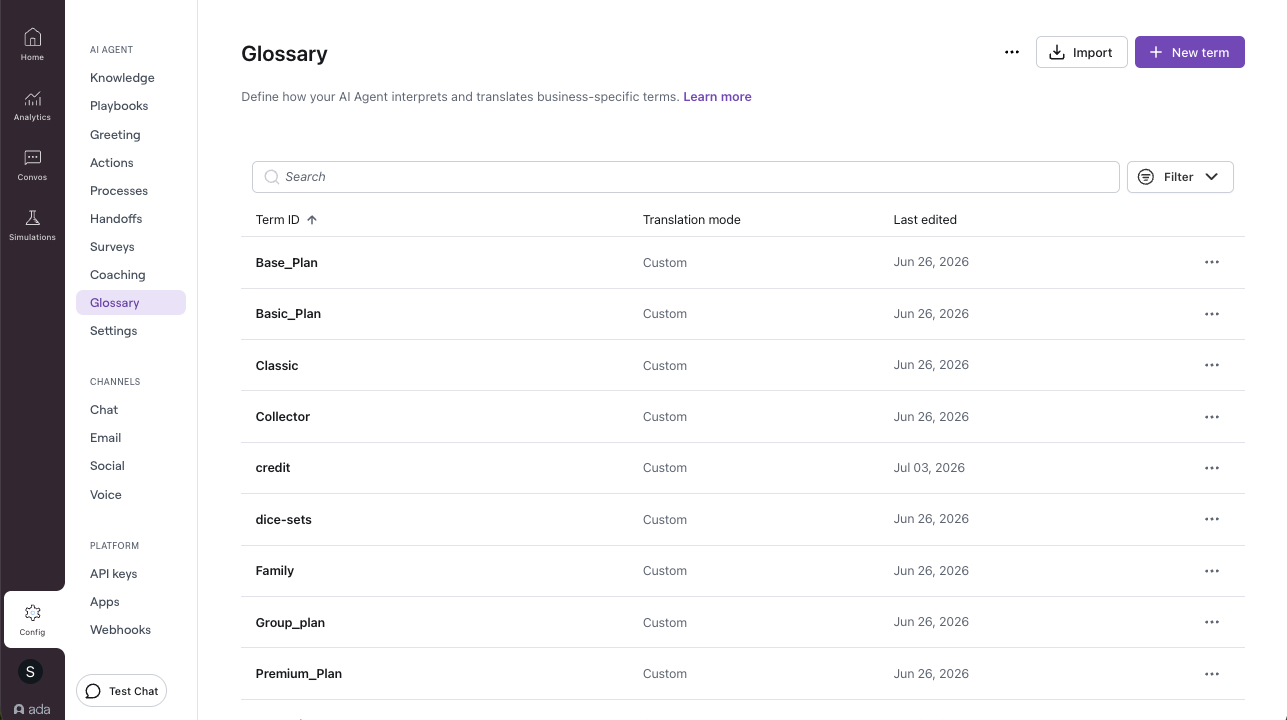 Glossary in the Ada dashboard