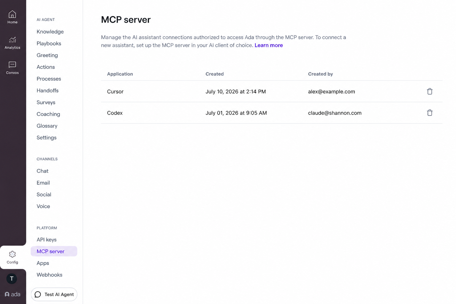 The MCP Server page listing authorized AI assistant connections, each with its application name, creation date and time, and the email of the person who authorized it.