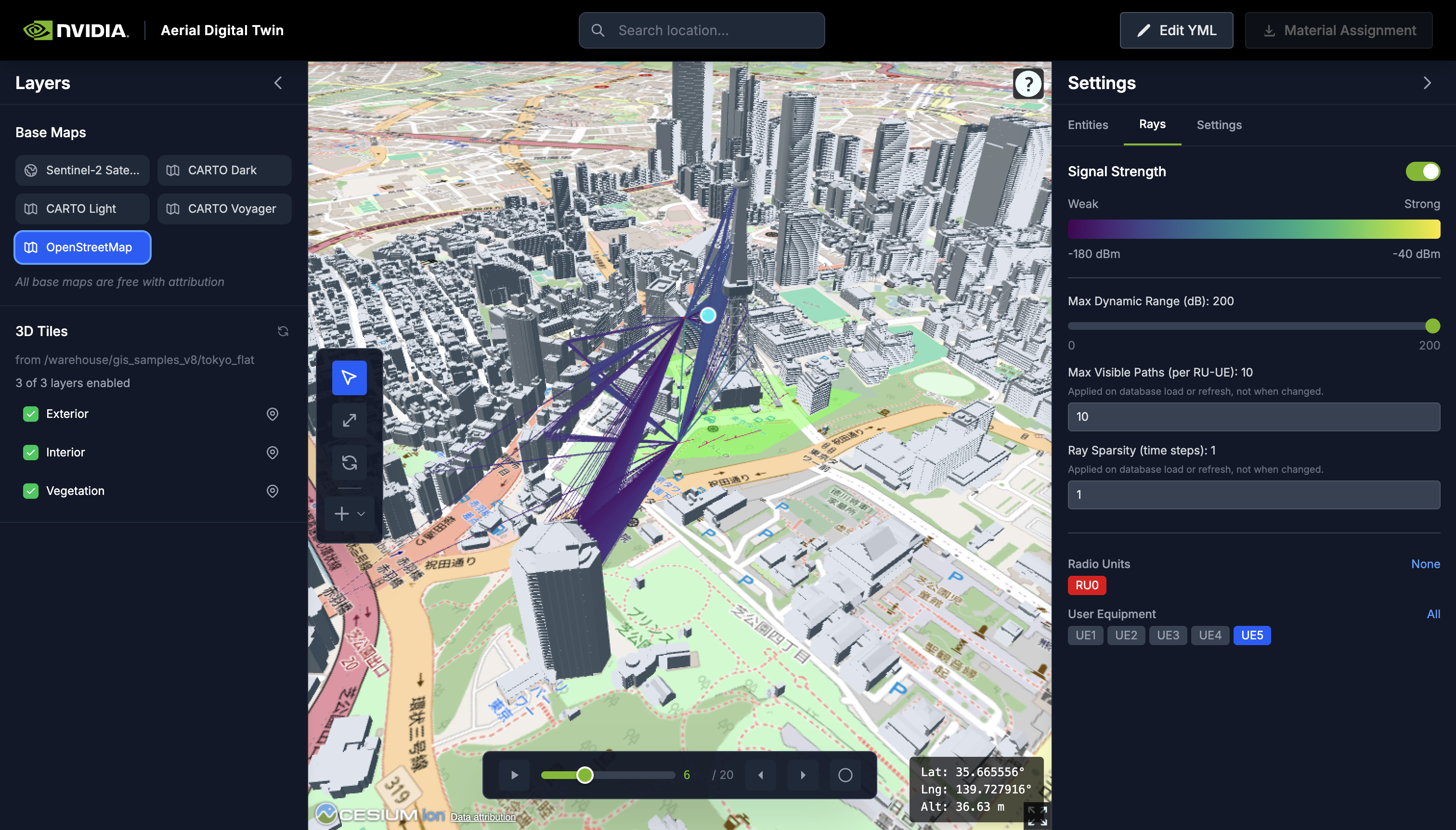 Rays tab showing signal strength controls and raypath visualization