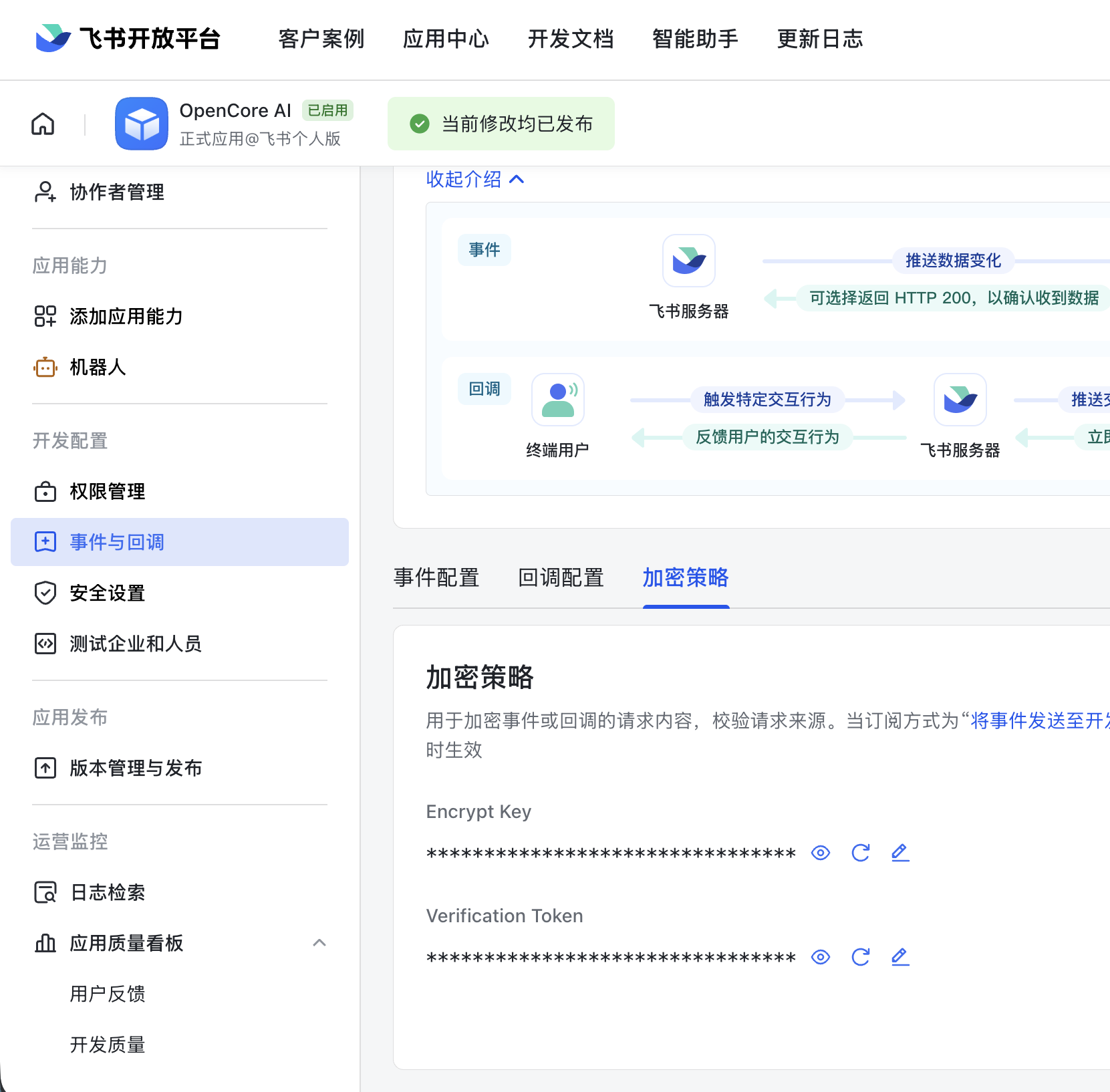 Feishu Open Platform encryption strategy page showing hidden Verification Token and Encrypt Key fields