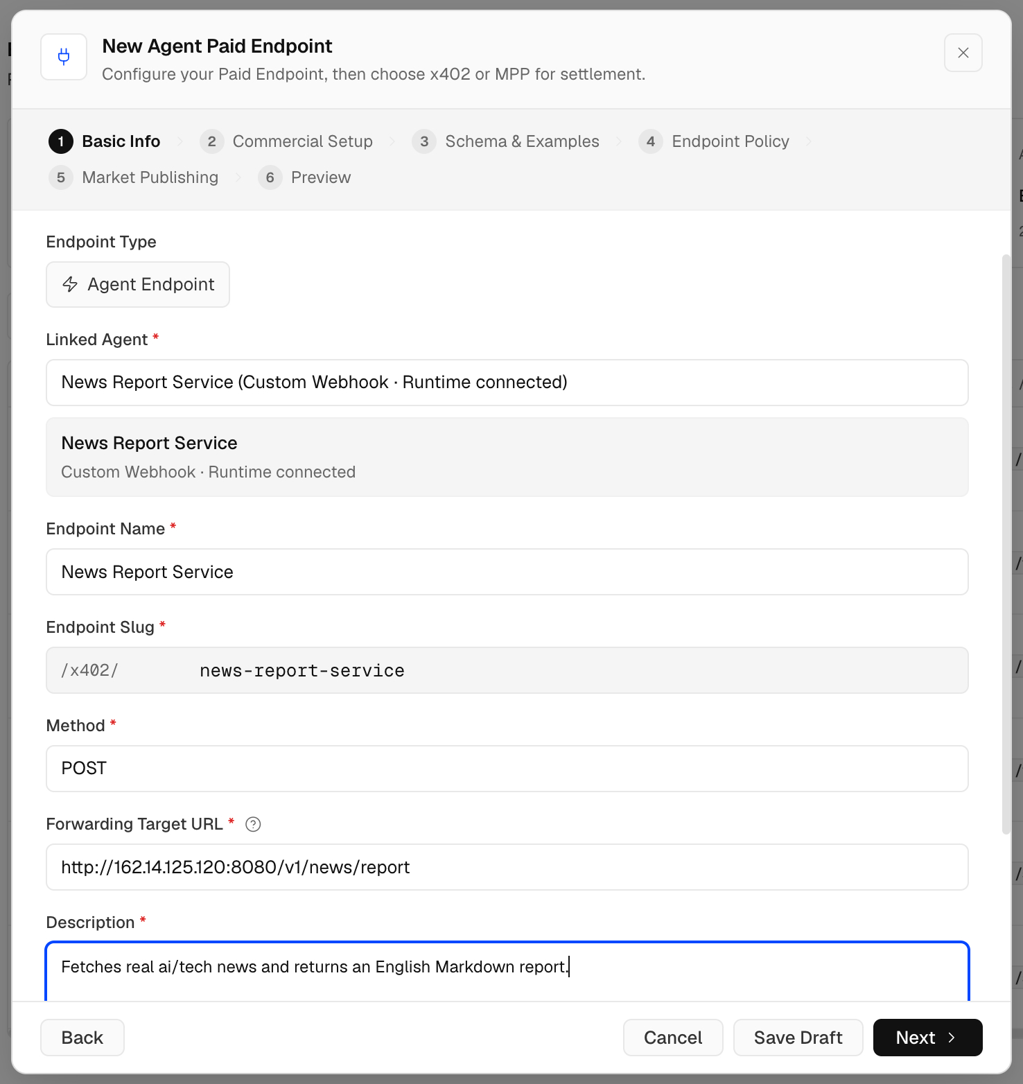 Create a new Agent Paid Endpoint basic info