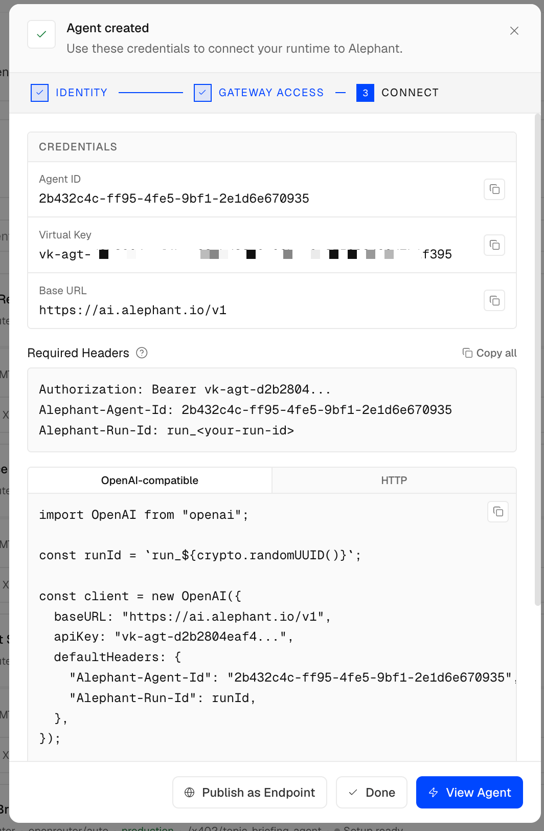 Agent created credentials and connection details