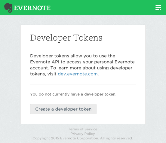 印象笔记官方 Developer Token 创建页面