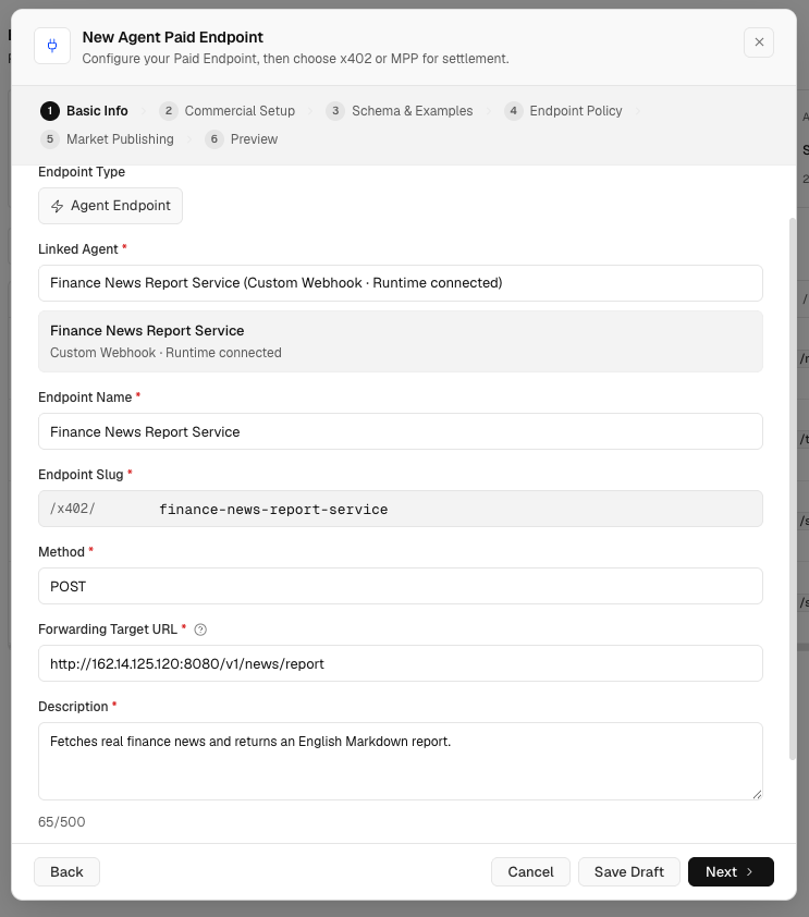 Create a new Agent Paid Endpoint basic info