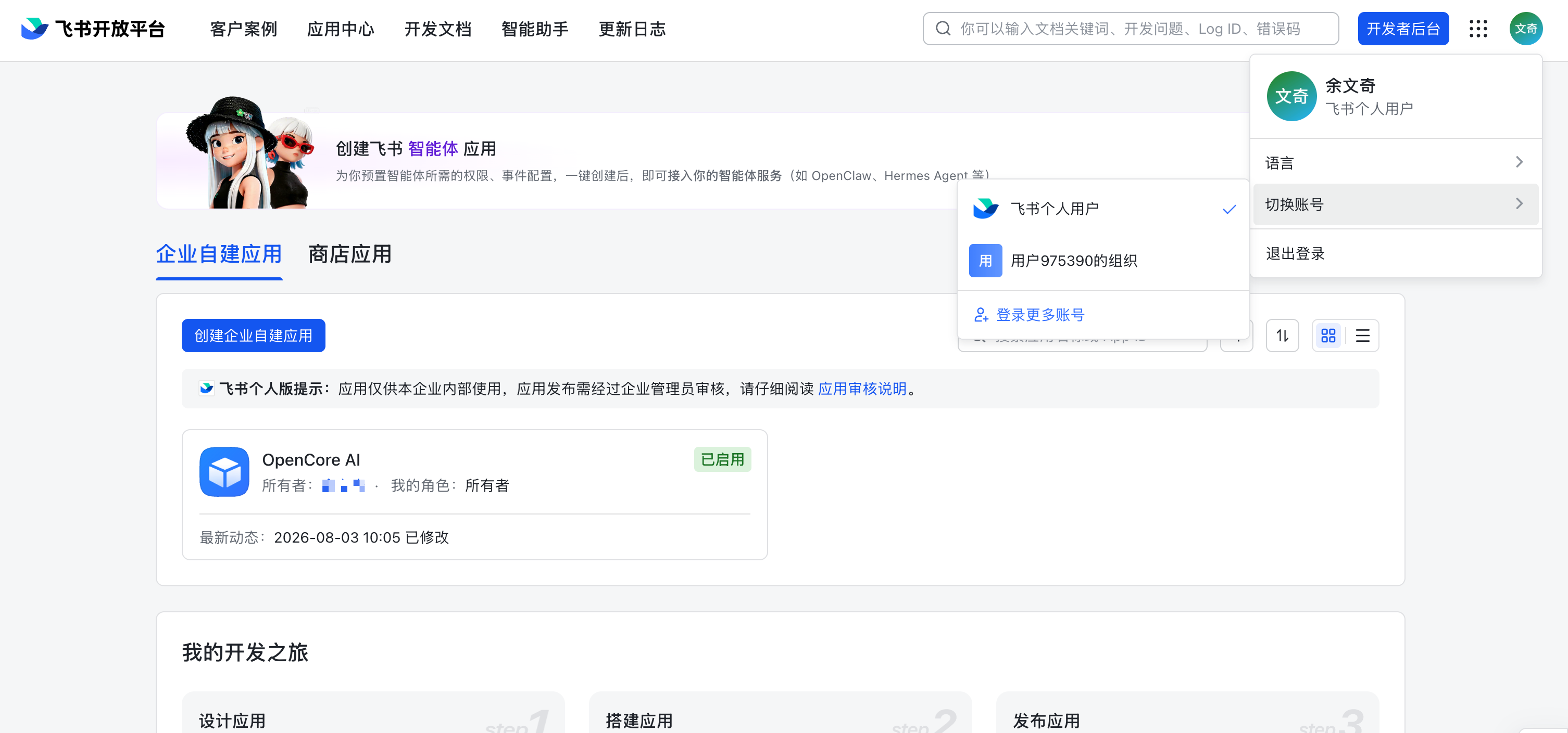 Feishu Open Platform account switch and custom app entry page