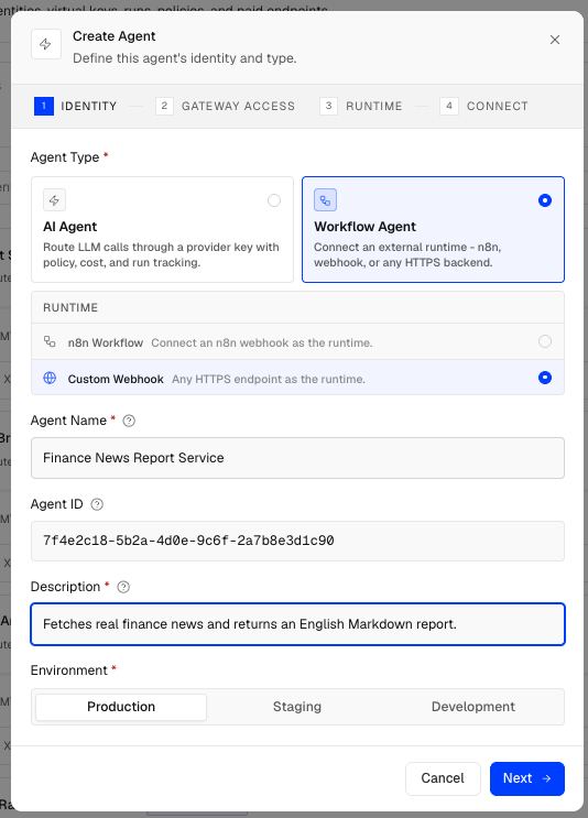 Create a Workflow Agent with a Custom Webhook runtime