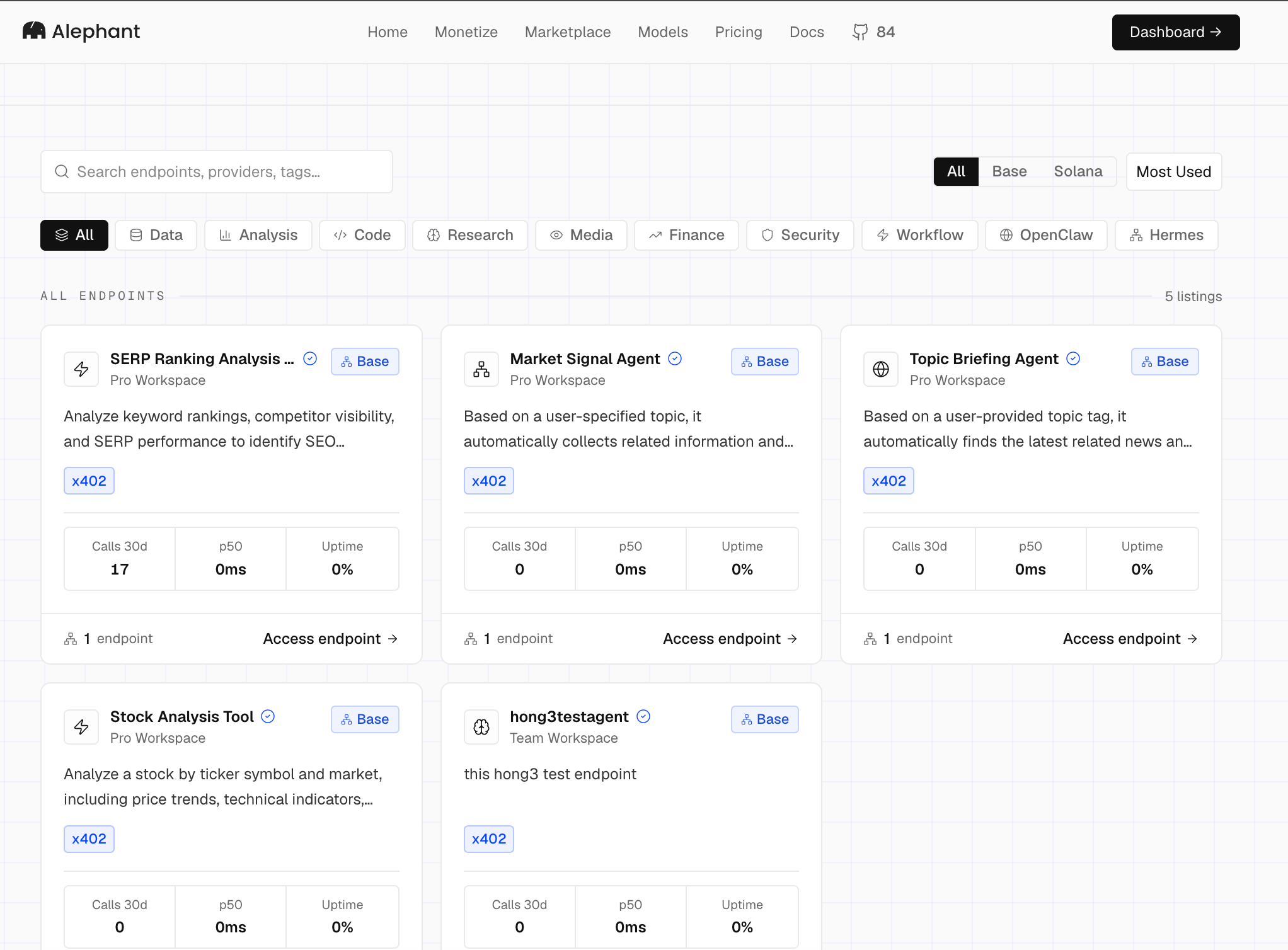 Alephant marketplace showing x402 endpoint listings