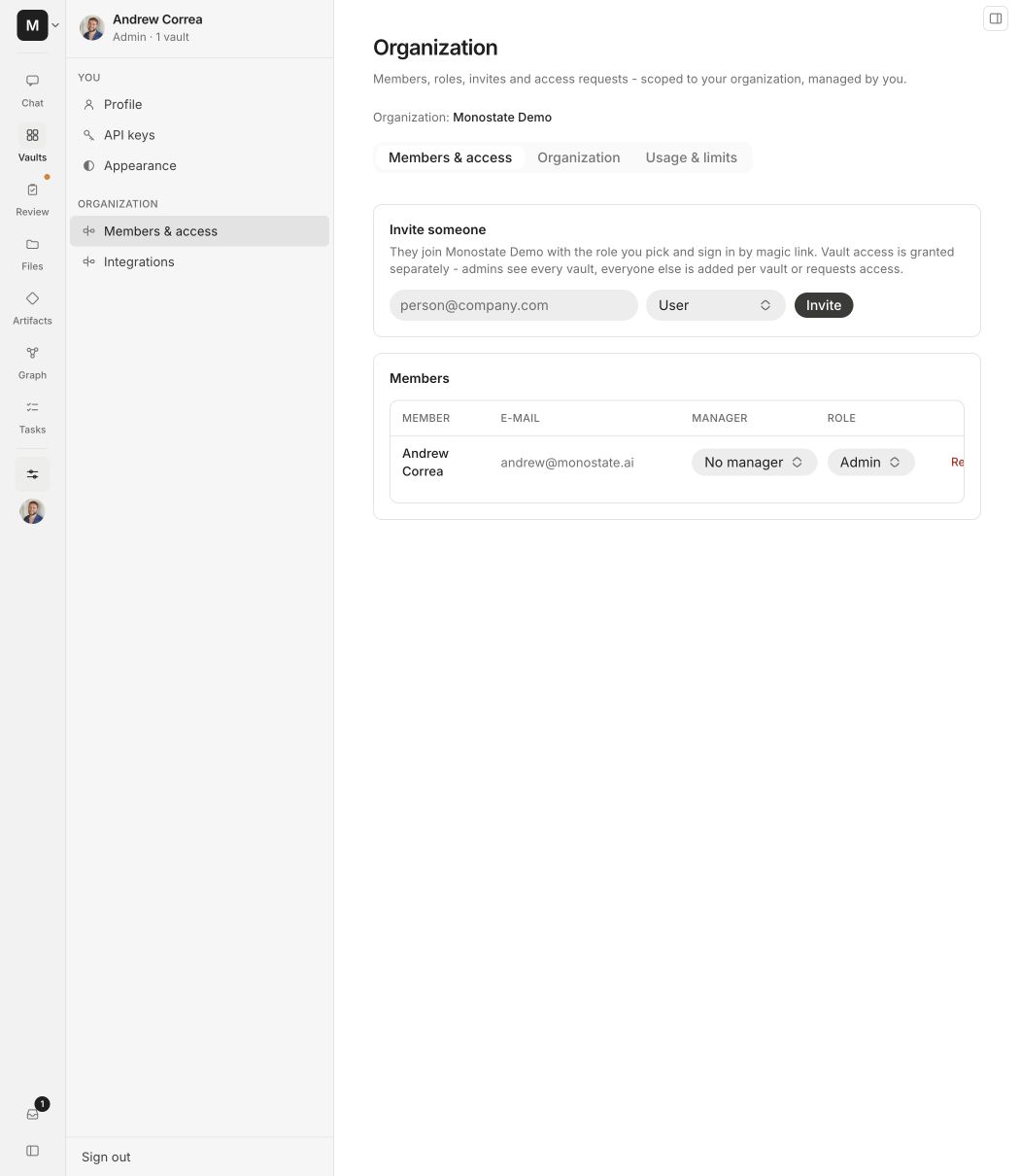 Organization member table with manager and role controls