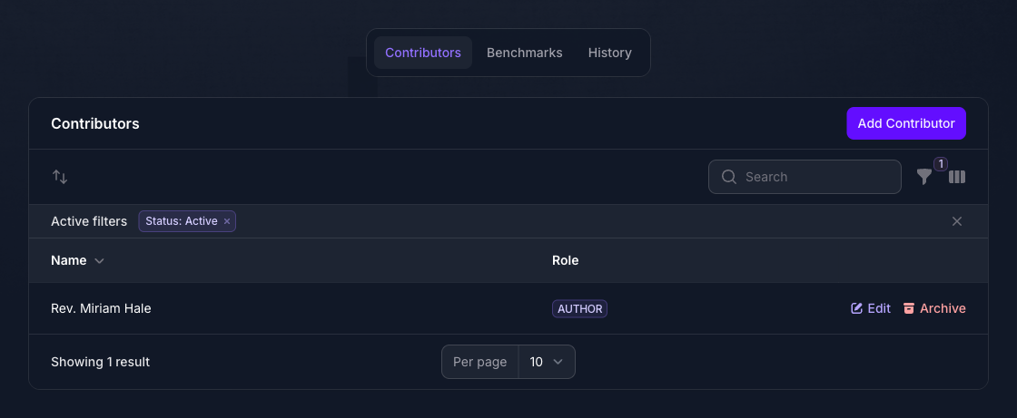 The Contributors table below the article Where Was God When I Prayed? in Console, selected beside Benchmarks and History, listing Rev. Miriam Hale with the role Author, with the Add Contributor button above it.