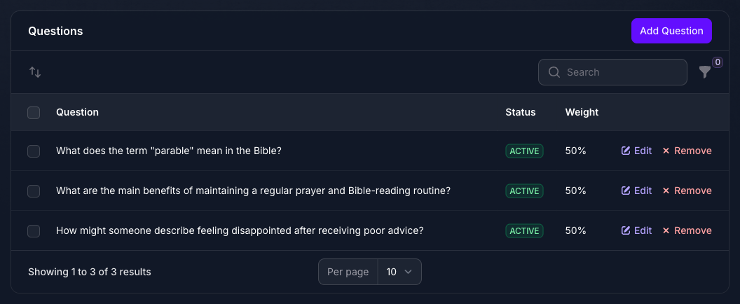 The Questions panel on the Answer Sentiment Check Benchmark in Console, listing the three attached questions, each active and weighted at 50%.