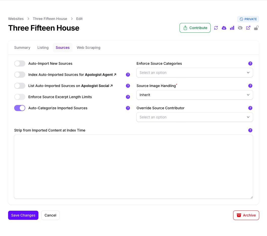The Sources tab of the Three Fifteen House website Collection in Console, with Auto-Import New Sources, indexing and listing turned off and Auto-Categorize Imported Sources on, beside Enforce Source Categories, Source Image Handling set to Inherit and Override Source Contributor, above Strip from Imported Content at Index Time.