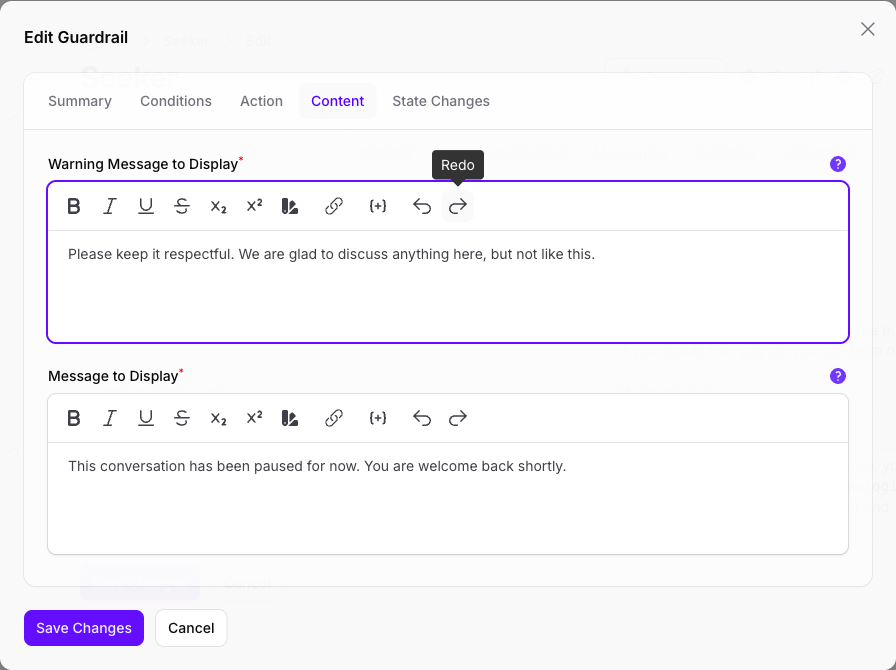 The Content tab of the Add Guardrail dialog in Console, showing the Warning Message to Display above the Message to Display, each with its own wording.