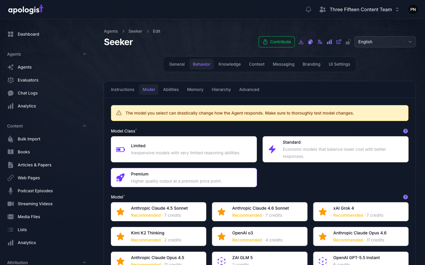 The Model tab of the Seeker Agent's Behavior page in Console, showing model classes and model cards with their per-response credit costs.