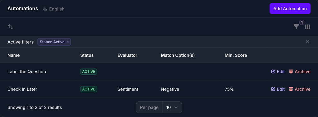 The Automations panel on the Seeker Agent's General page in Console, listing Label the Question with no evaluator above Check In Later with its Sentiment evaluator, Negative match option and 75% minimum score, both active.