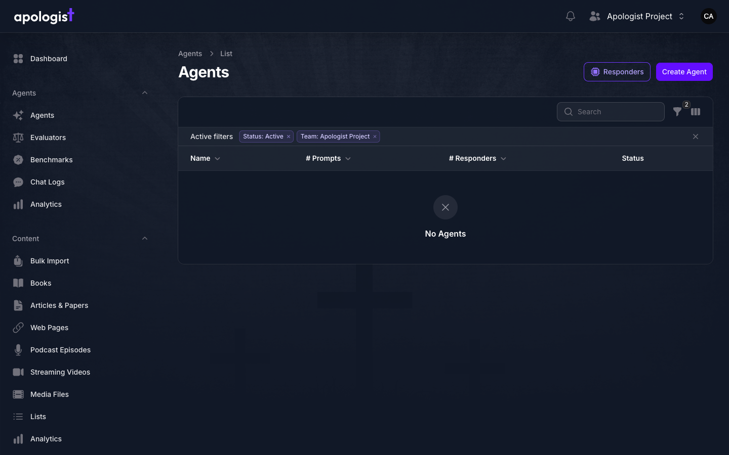 The Agents list in Console with the Create Agent button in the top right.