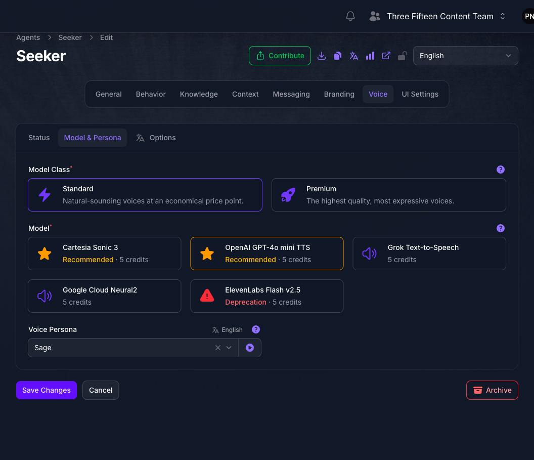 The Model and Persona tab of the Seeker Agent's Voice page in Console, showing Model Class cards for Standard and Premium above model cards with their per-response credit cost, and a Voice Persona selector with a play control.