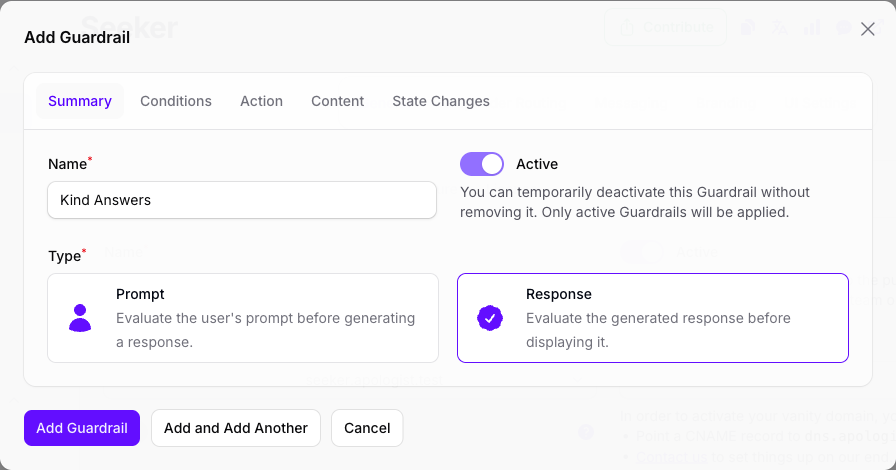 The Add Guardrail dialog in Console on its Summary tab, with the Name filled in as Kind Answers and Response selected beside Prompt in the Type deck.