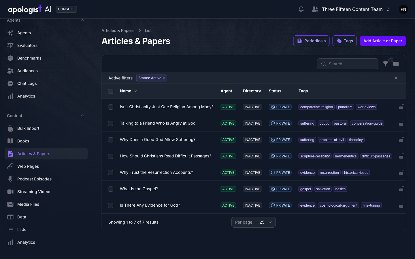 The Articles & Papers list in Console, with the left-hand navigation listing content by type: Books, Articles & Papers, Web Pages, Podcast Episodes, Streaming Videos, Media Files, Data and Lists. The table shows seven articles with Agent, Directory, Status and Tags columns.