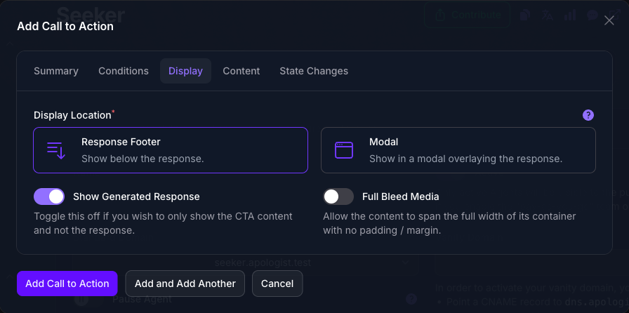 The Display tab of the Add Call to Action dialog in Console, with Response Footer selected beside Modal, and the Show Generated Response toggle on and Full Bleed Media off.