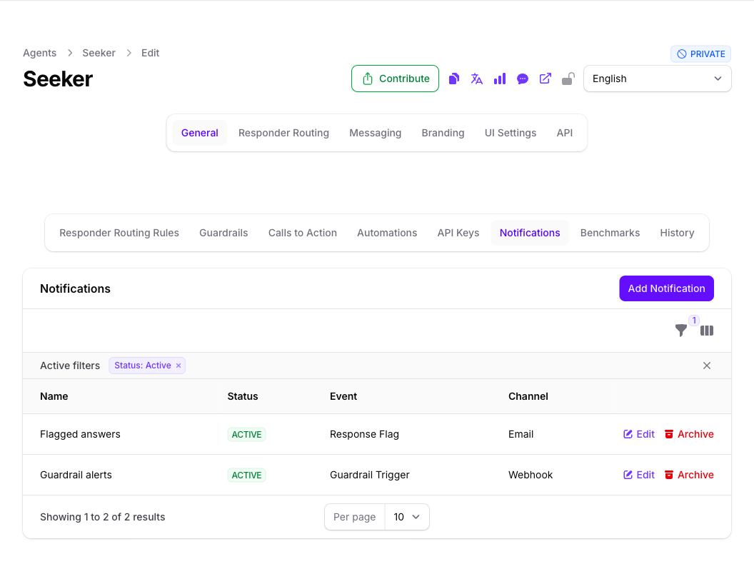The Notifications panel on the Seeker Agent in Console, listing Flagged answers on Response Flag by email and Guardrail alerts on Guardrail Trigger by webhook, both marked Active, each with Edit and Archive actions.
