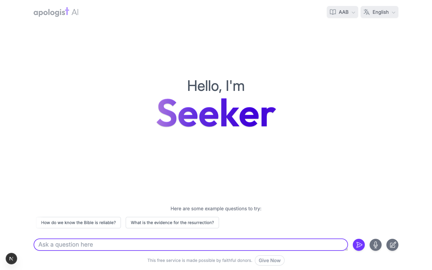 The Seeker Agent at its own address, with two suggested question buttons under the heading Here are some example questions to try:, directly above the Ask a question here box.