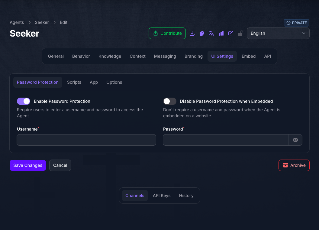 The Password Protection tab of the Seeker Agent's UI Settings page in Console, with Enable Password Protection turned on, the Disable Password Protection when Embedded toggle off beside it, and empty Username and Password fields below.