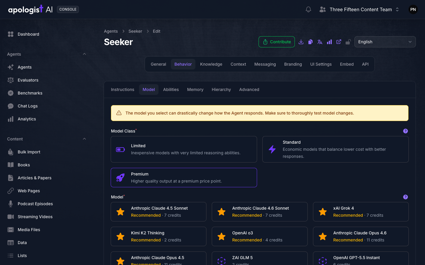 The Model tab of the Seeker Agent's Behavior page in Console, showing model classes and model cards with their per-response credit costs.