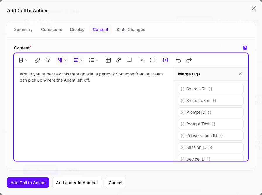 The Content tab of the Add Call to Action dialog in Console, with the handoff wording in the rich text editor and the Merge tags panel open beside it listing Share URL, Share Token, Prompt ID, Prompt Text, Conversation ID, Session ID, and Device ID.