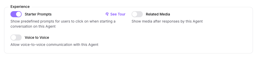 The Experience group on the Capabilities tab of the Seeker Agent's General page in Console, with Starter Prompts turned on above Related Media and Voice to Voice, which are off.