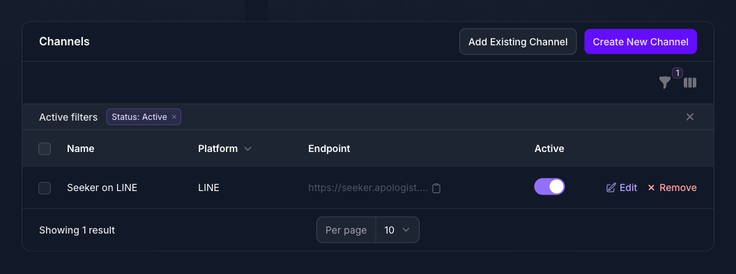 The Channels panel on the Seeker Agent in Console, listing one channel named Seeker on LINE with its platform, a truncated endpoint with a copy button, an Active toggle that is on, and Edit and Remove actions.