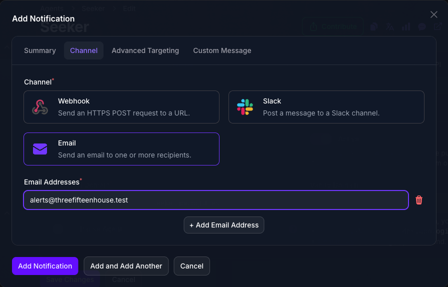 The Channel tab of the Add Notification dialog in Console, with the Email card selected, one recipient filled in under Email Addresses, and a Custom Message tab in the strip above.