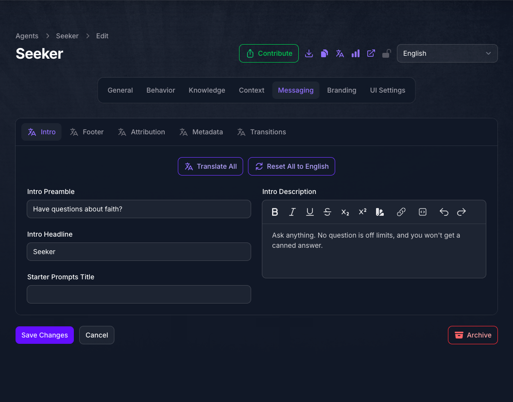 The Intro tab of the Seeker Agent's Messaging page in Console, showing Intro Preamble, Intro Headline, and a rich text Intro Description filled in.