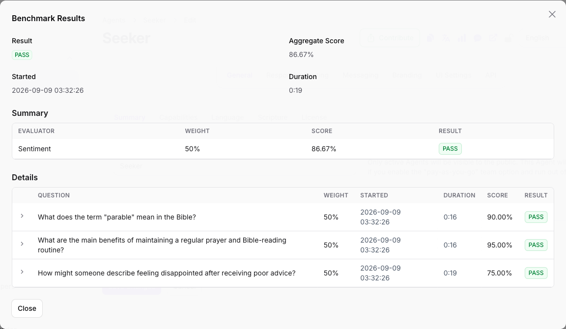 The Benchmark Results dialog in Console showing an aggregate score of 86.67% with a PASS result, the Sentiment evaluator above, and each of the three questions with its own score and duration below.