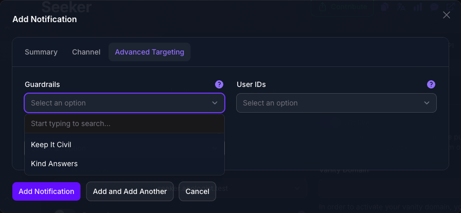 The Advanced Targeting tab of the Add Notification dialog in Console, with the Guardrails picker open listing this Agent's two guardrails, Keep It Civil and Kind Answers, beside the User IDs and Device IDs fields.