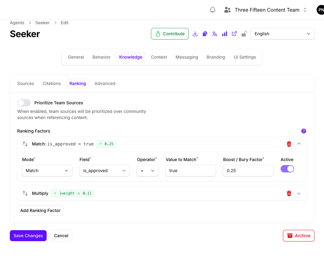 The Ranking tab of the Seeker Agent's Knowledge page in Console, showing the Prioritize Team Sources toggle above two ranking factors: an expanded Match factor on is_approved with a boost of 0.25, and a collapsed Multiply factor on weight.