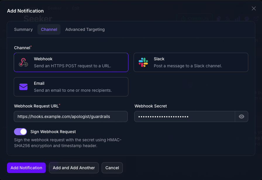 The Channel tab of the Add Notification dialog in Console, with the Webhook card selected and the Webhook Request URL, Webhook Secret and Sign Webhook Request fields shown below it.