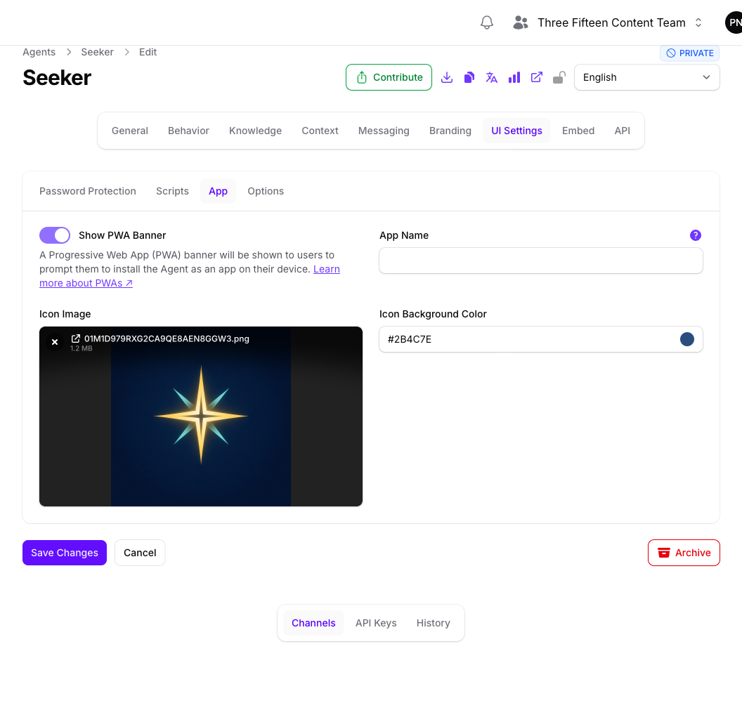 The App tab of the Seeker Agent's UI Settings page in Console, with Show PWA Banner turned on, an empty App Name field, an uploaded icon shown as a preview thumbnail under Icon Image, and an Icon Background Color set to a purple hex value.