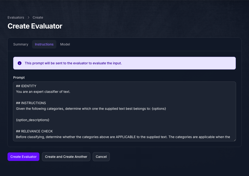 The Instructions tab of the Create Evaluator form in Console, showing the default classifier prompt with its identity, instructions, and relevance check sections.