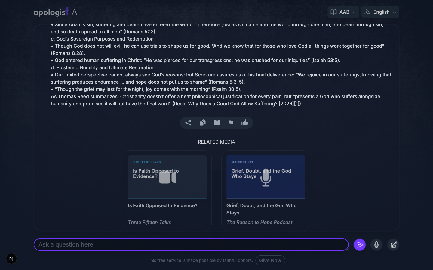 The Seeker Agent at its own address, showing a Related Media row below an answer with two cards, a video from Three Fifteen Talks and a podcast episode from The Reason to Hope Podcast.