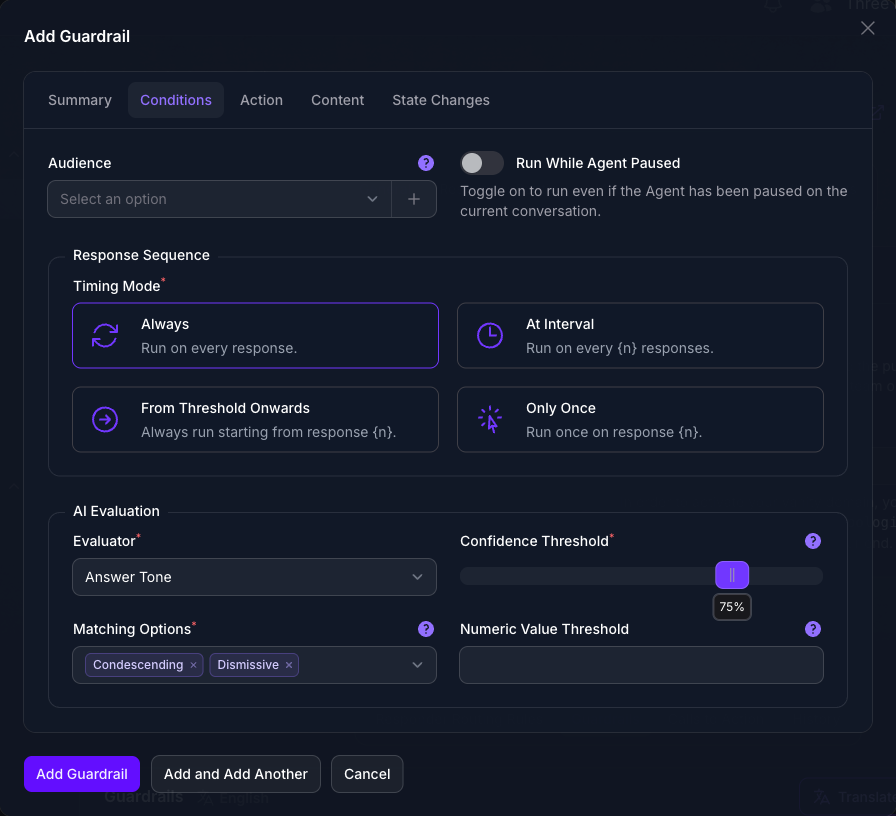 The Conditions tab of the Add Guardrail dialog in Console, with the Answer Tone Evaluator selected and Condescending and Dismissive chosen under Matching Options.