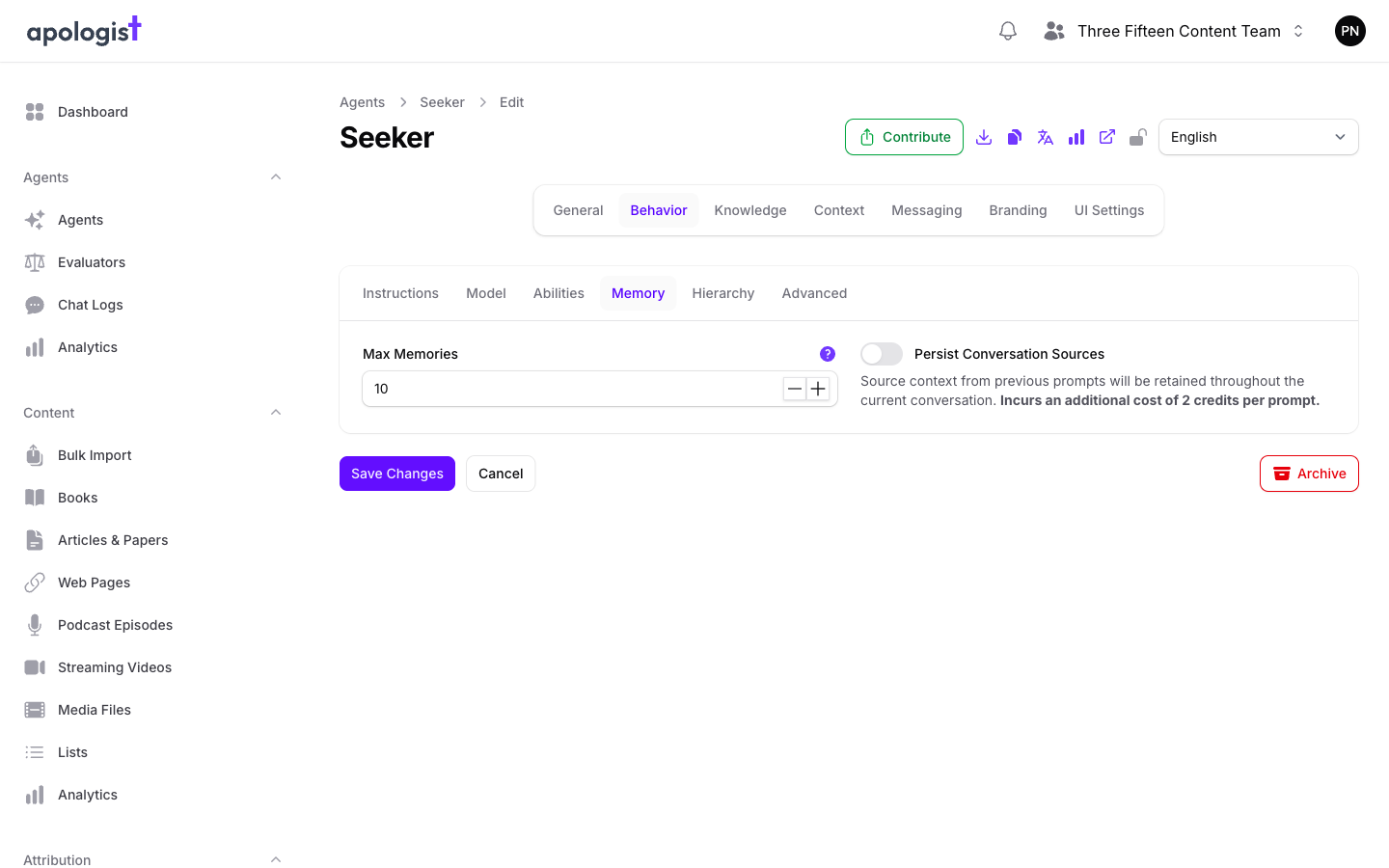 The Memory tab of the Seeker Agent's Behavior page in Console, showing Max Memories set to 10 and a Persist Conversation Sources toggle turned off.