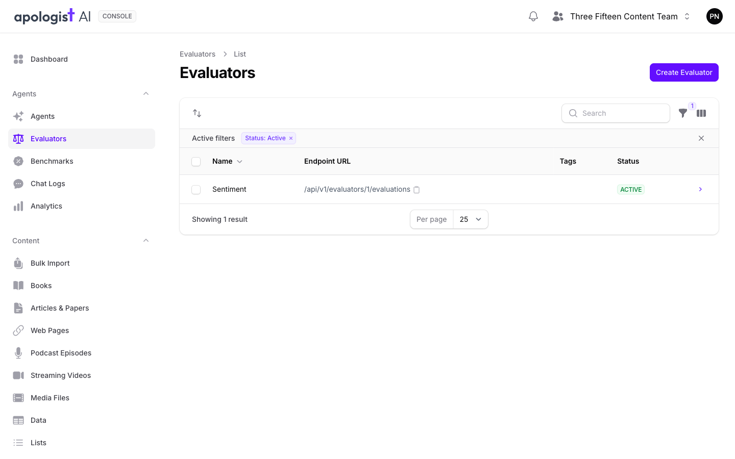 The Evaluators list in Console under the Agents group, showing the saved Sentiment evaluator with its endpoint URL, an empty Tags column, and a status of Active.