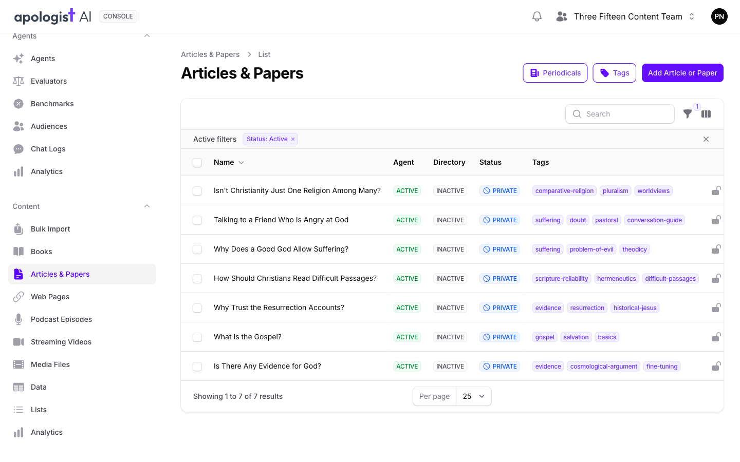 The Articles & Papers list in Console, with the left-hand navigation listing content by type: Books, Articles & Papers, Web Pages, Podcast Episodes, Streaming Videos, Media Files, Data and Lists. The table shows seven articles with Agent, Directory, Status and Tags columns.