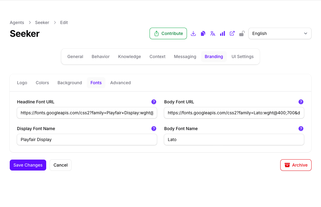 The Fonts tab of the Seeker Agent's Branding page in Console, showing Headline Font URL and Body Font URL filled with Google Fonts stylesheet links and matching Display Font Name and Body Font Name fields.