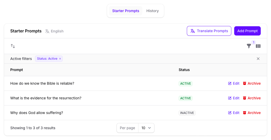 The Starter Prompts tab on the Seeker Agent's General page in Console, listing three prompts, two marked ACTIVE and one INACTIVE, with Edit and Archive on each row and Translate Prompts and Add Prompt above the list.