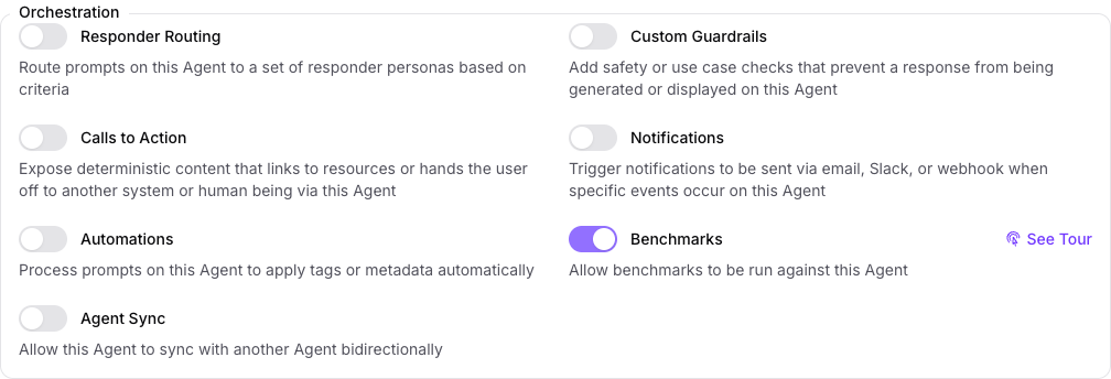 The Orchestration group on the Capabilities tab of the Seeker Agent's General page in Console, with Benchmarks turned on and every other capability in the group turned off.