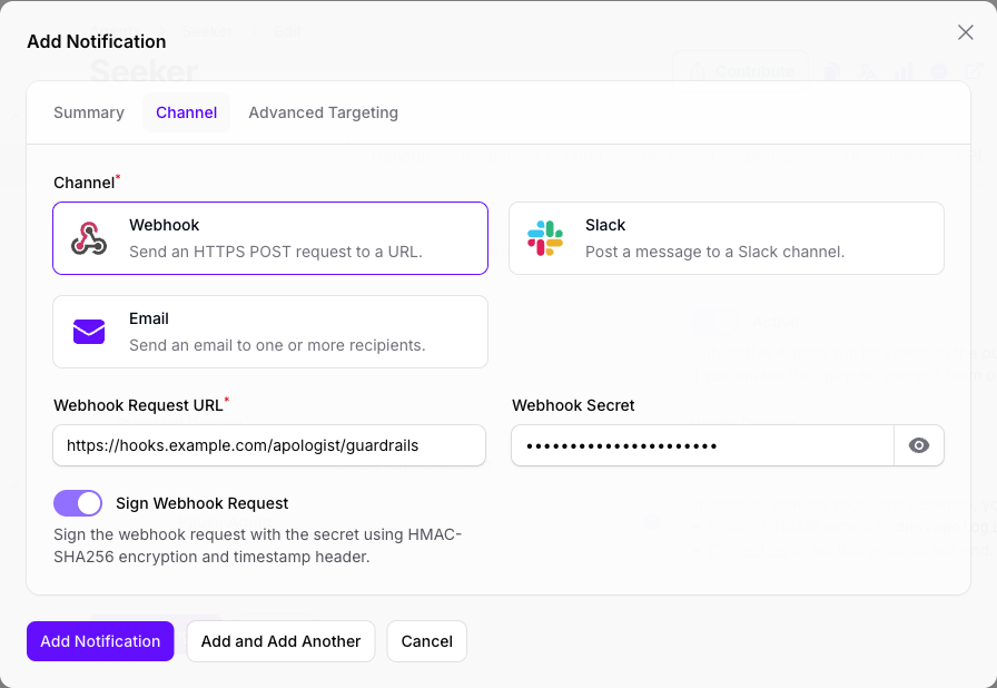 The Channel tab of the Add Notification dialog in Console, with the Webhook card selected and the Webhook Request URL, Webhook Secret and Sign Webhook Request fields shown below it.