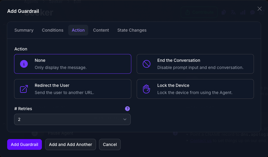The Action tab of a second Add Guardrail dialog in Console with the Type set to Response, showing a retry count of two in place of the warning count and no lock duration.