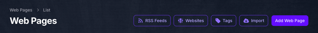 The header of the Web Pages list in Console, with RSS Feeds, Websites, Tags and Import buttons beside Add Web Page.