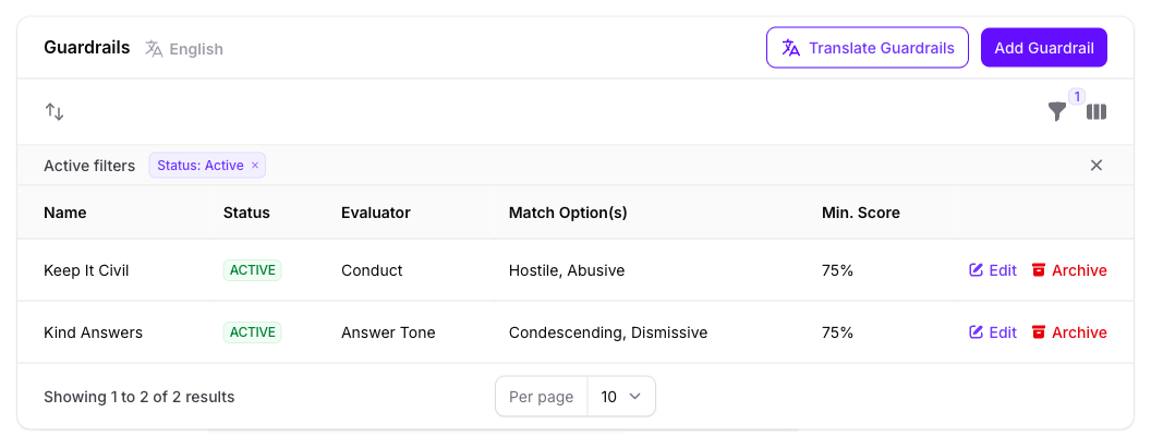 The Guardrails panel on the Seeker Agent's General page in Console, listing Keep It Civil with the Conduct evaluator and Kind Answers with the Answer Tone evaluator, both active, with their matching options and minimum score.